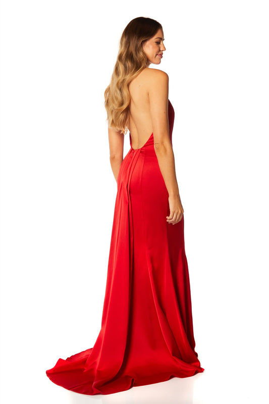 Jarlo Monroe open back red satin maxi dress with pleat train detail