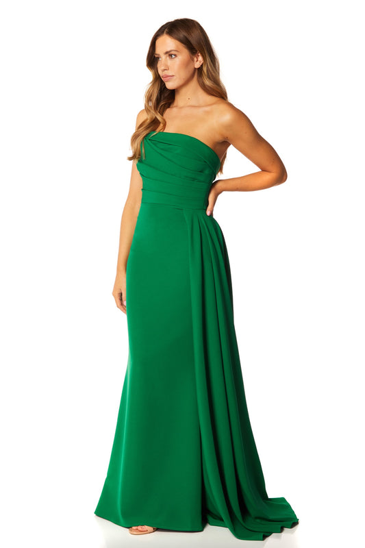 Jarlo Zo strapless green maxi dress with pleated side skirt drape