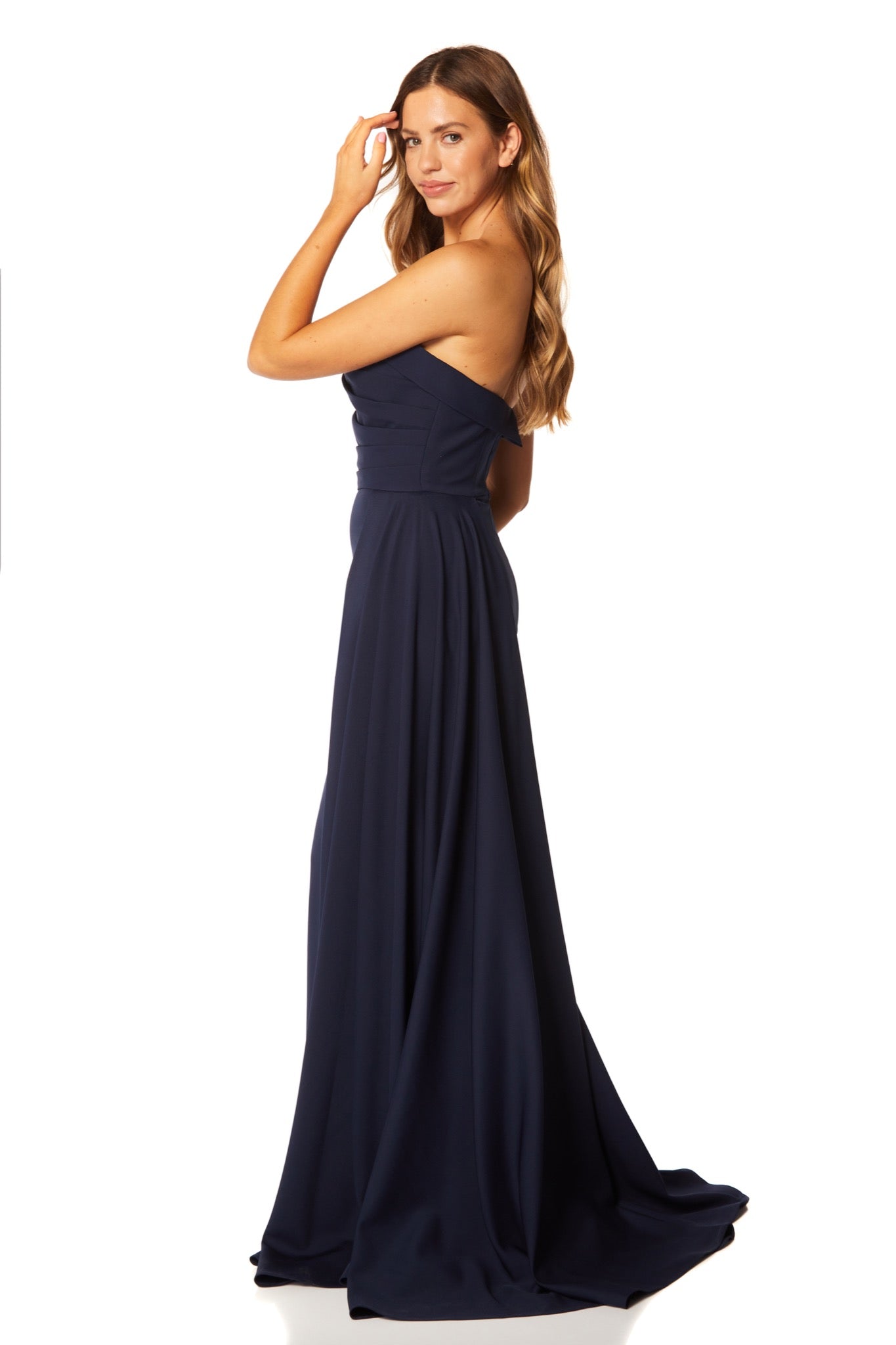 Jarlo Zo strapless navy maxi dress with pleated side skirt drape