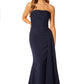 Jarlo Zo strapless navy maxi dress with pleated side skirt drape