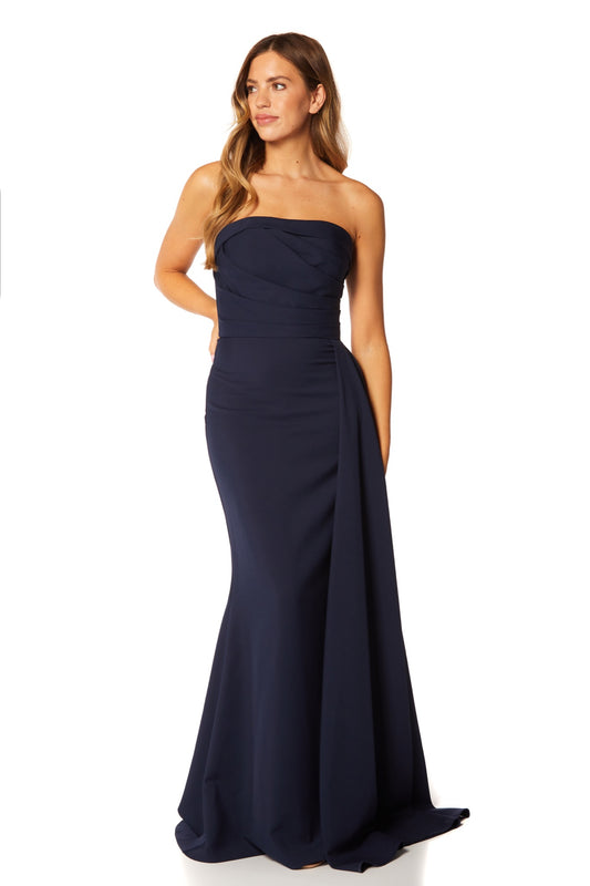 Jarlo Zo strapless navy maxi dress with pleated side skirt drape