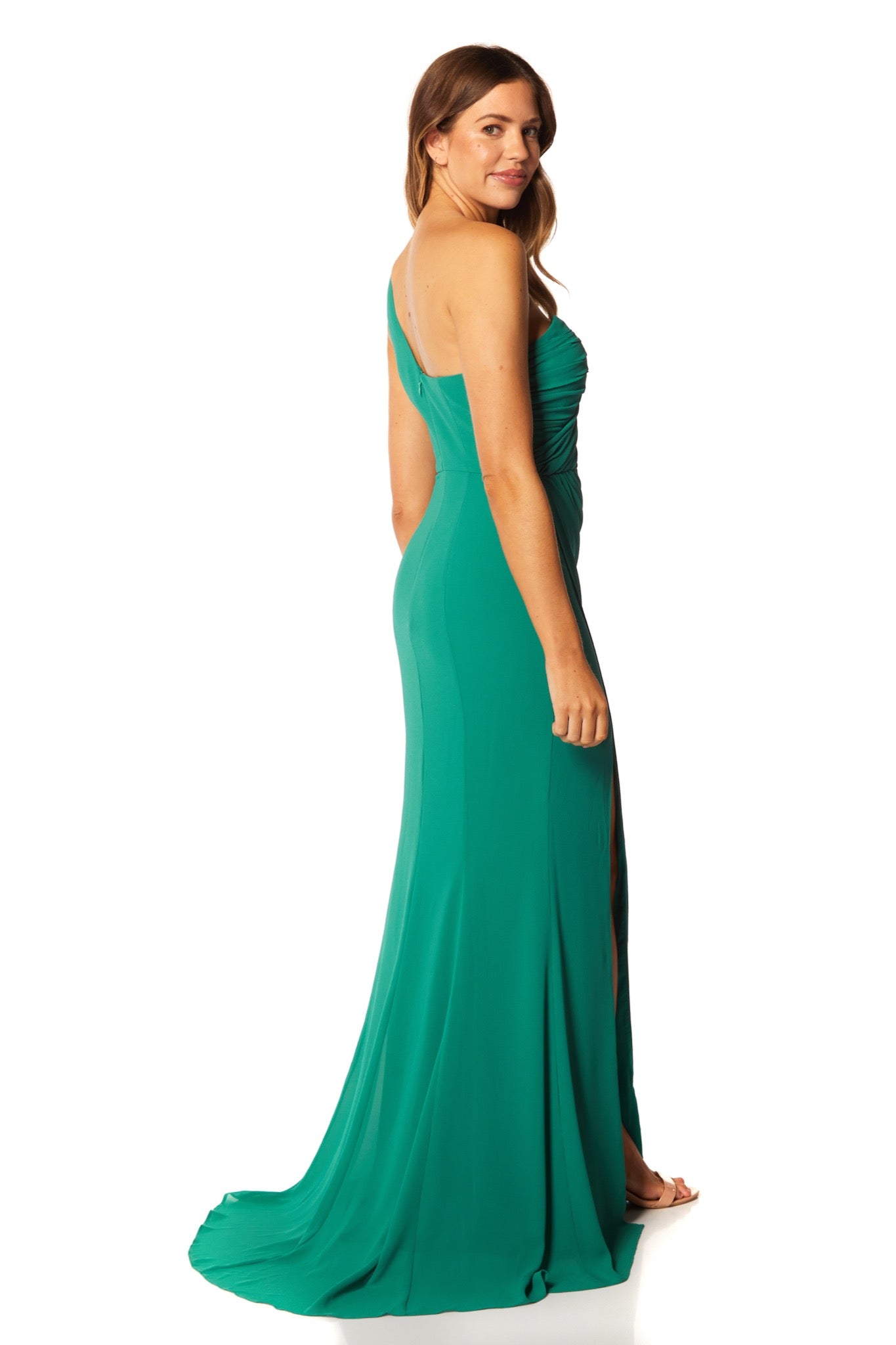 Olani One Shoulder Fishtail Maxi Dress with Ruched Bodice Detail