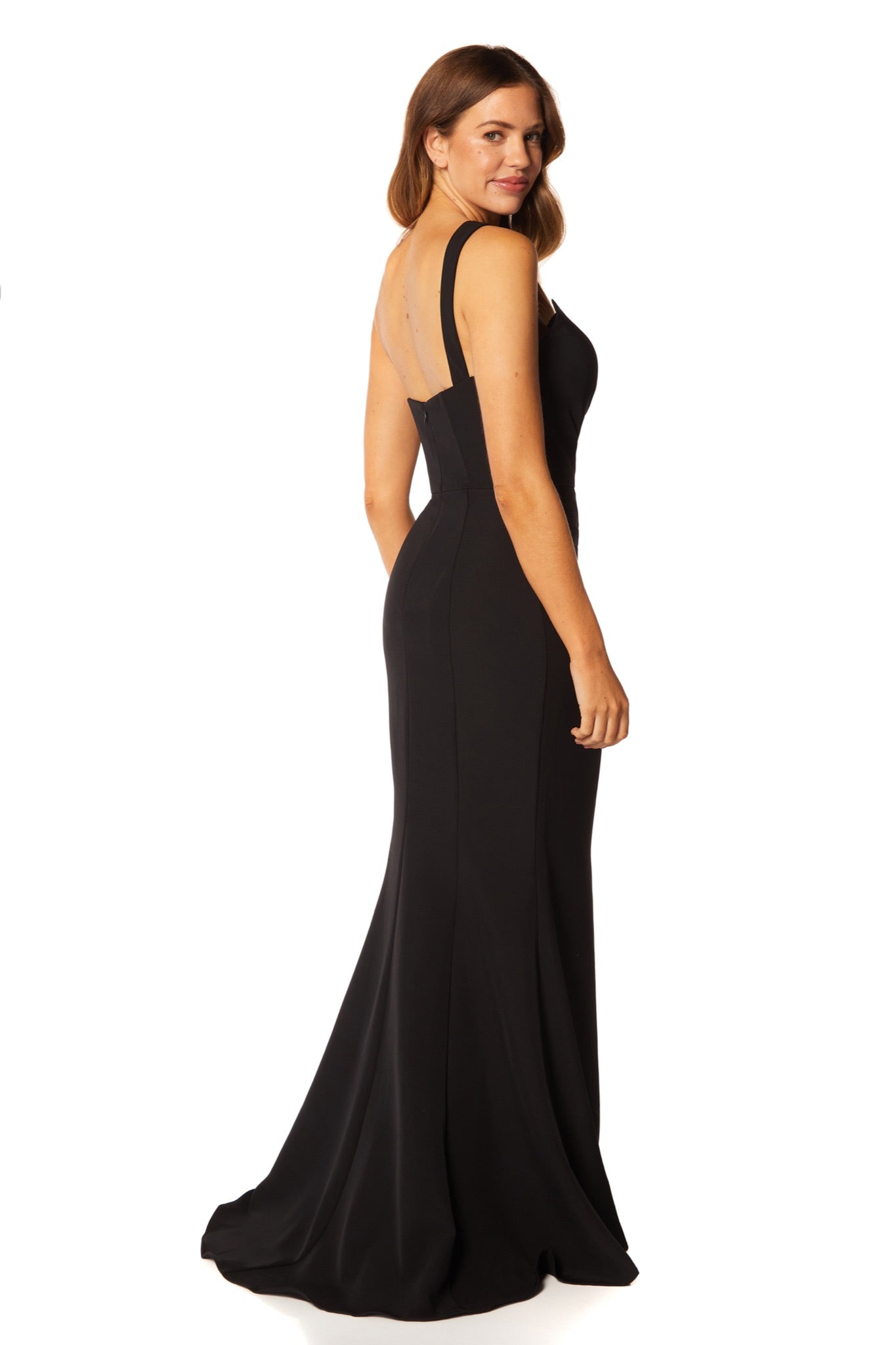 Jarlo Quinn one shoulder fishtail black maxi dress with pleat detail