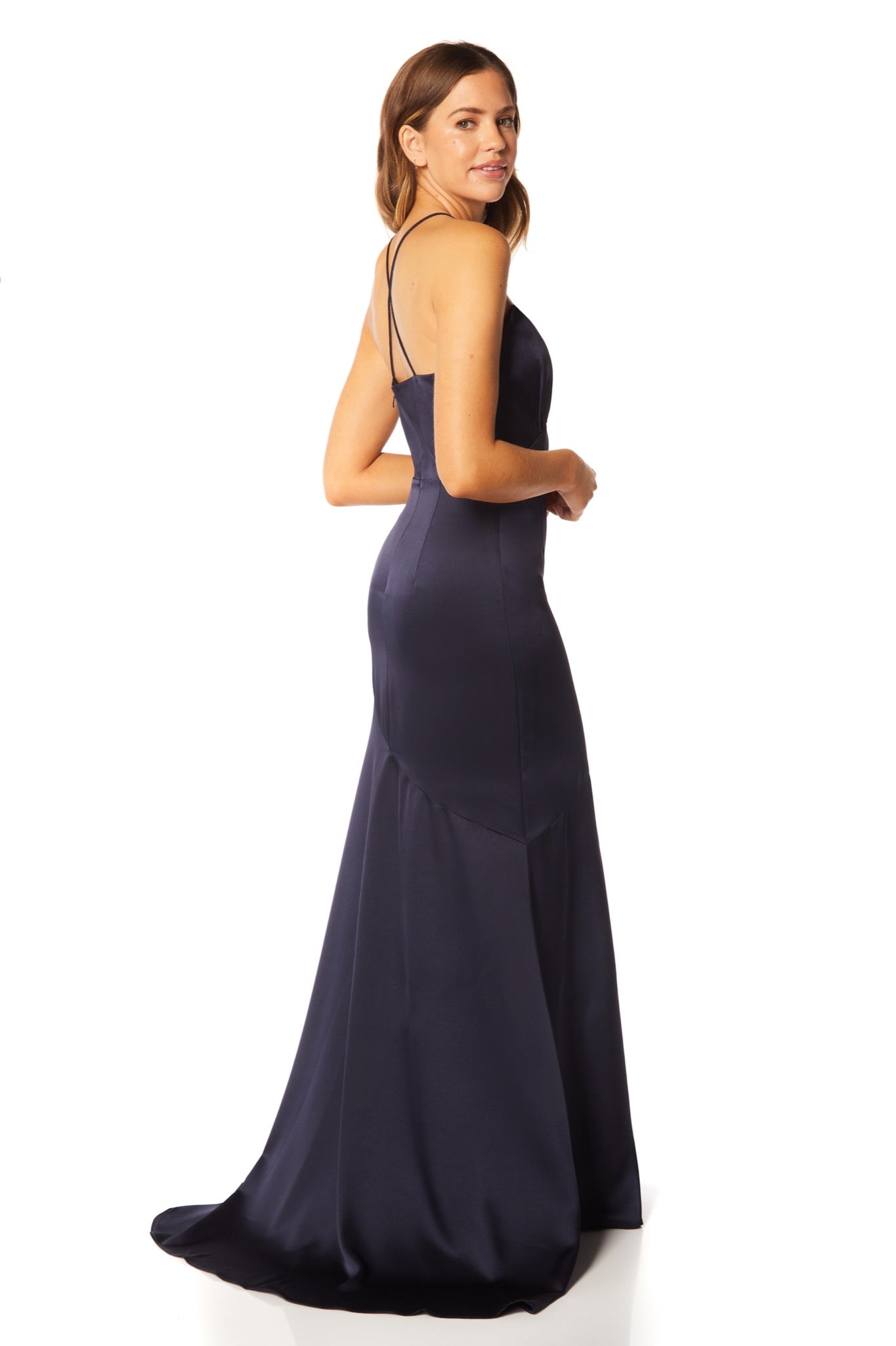 Jarlo Roza cami strap navy satin maxi dress with open back