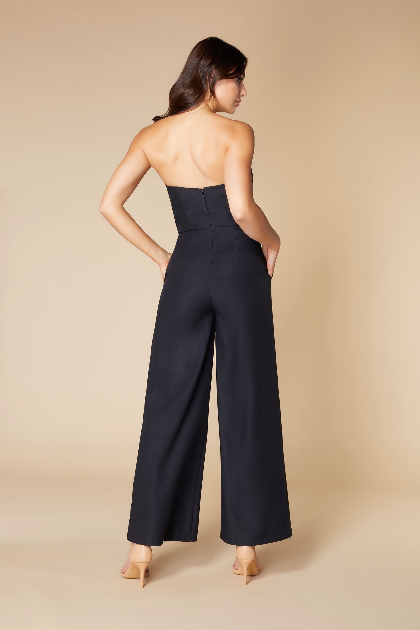 Jarlo Simone strapless black jumpsuit with faux wrap bodice detail