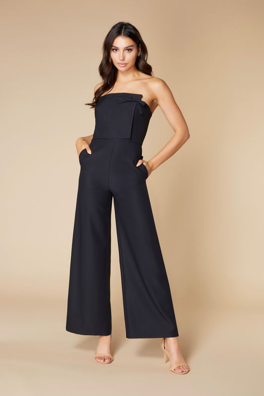 Jarlo Simone strapless black jumpsuit with faux wrap bodice detail