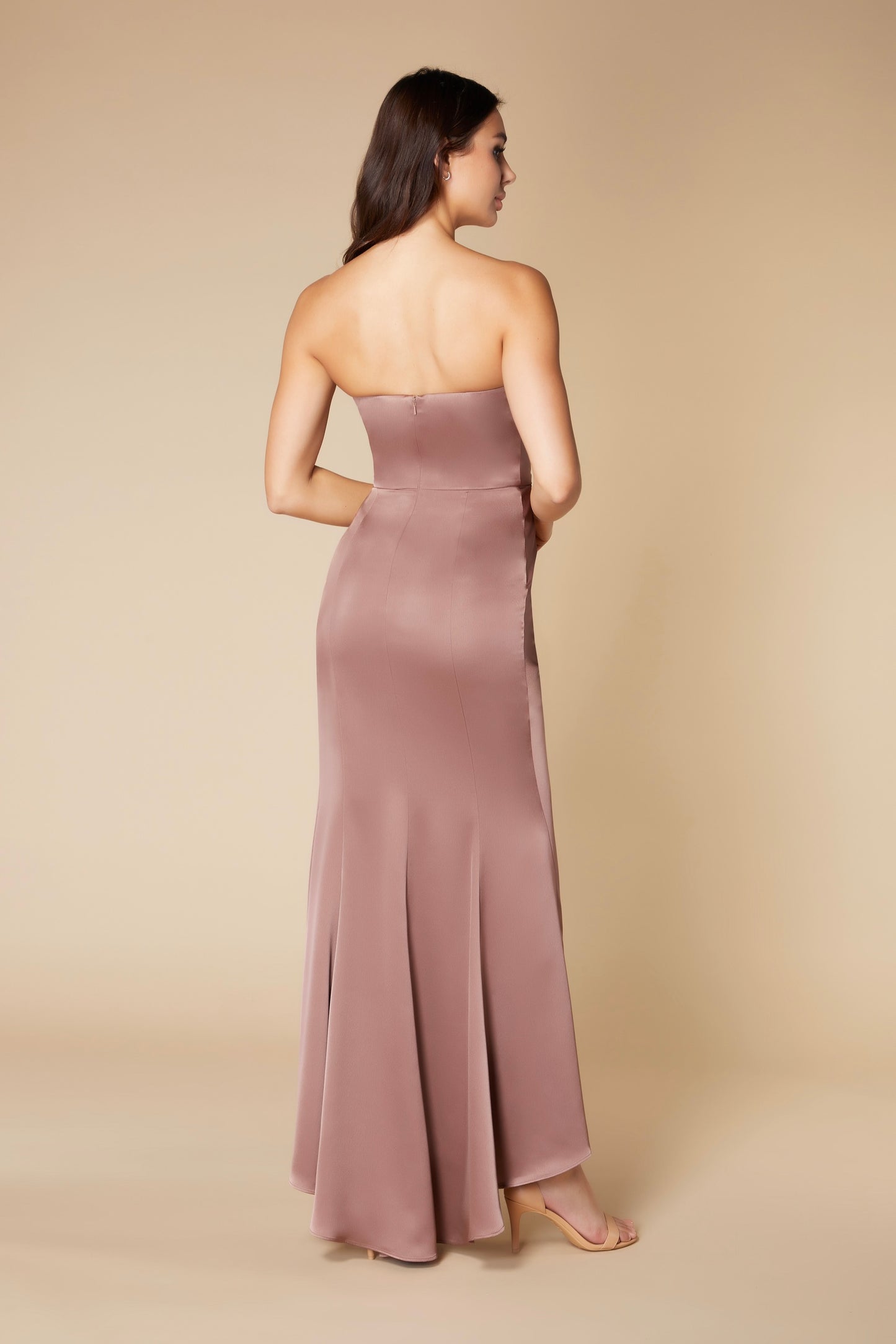 Jarlo Tara strapless brown satin maxi dress with thigh split