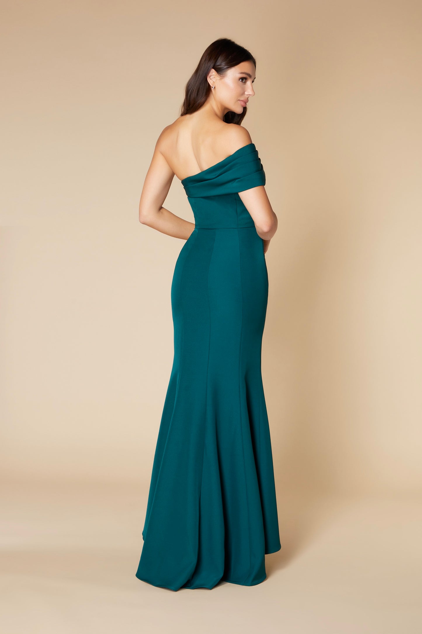 Jarlo Zoya off shoulder fishtail green maxi dress with train