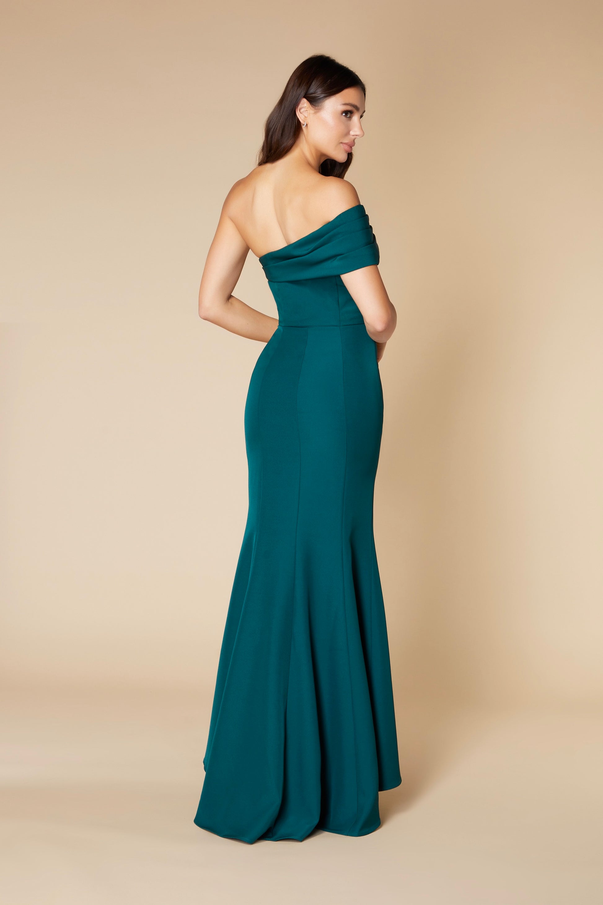 Jarlo Zoya off shoulder fishtail green maxi dress with train