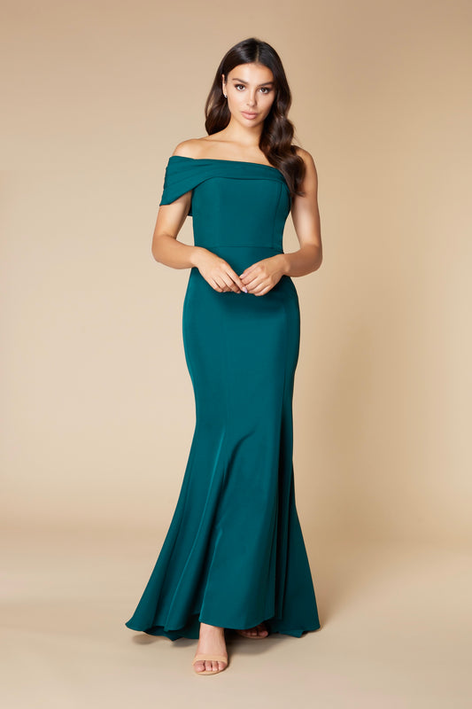 Jarlo Zoya off shoulder fishtail green maxi dress with train