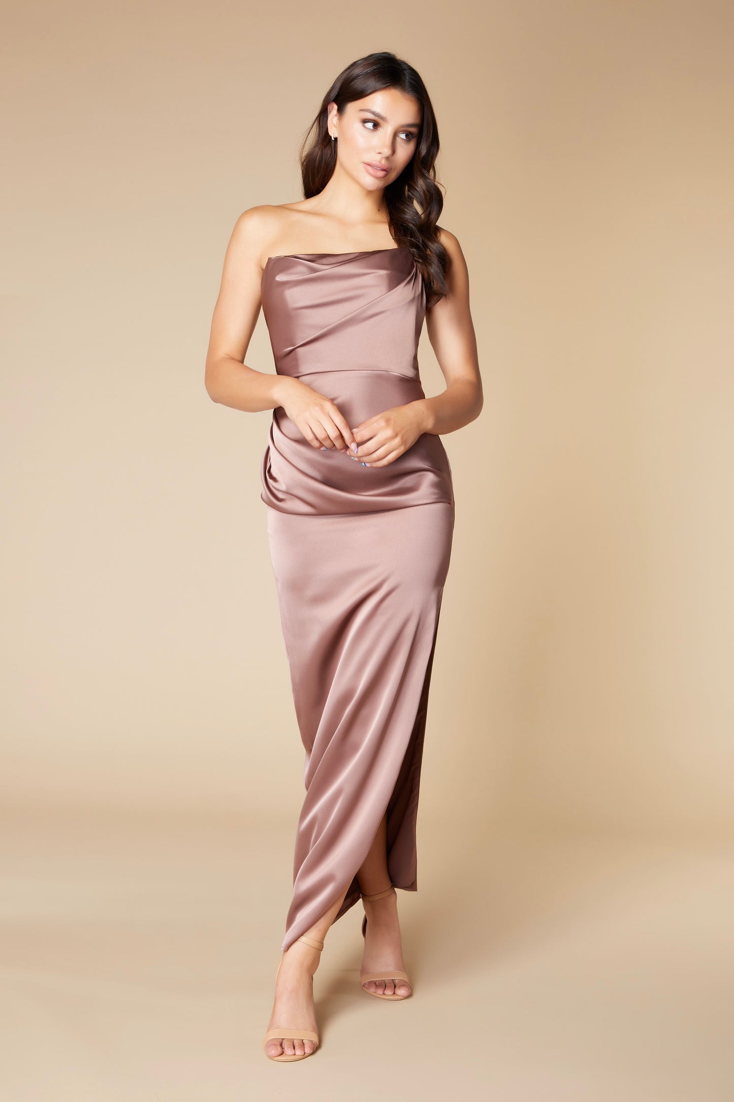 Beth Strapless Ruched Midaxi Dress with Thigh Split