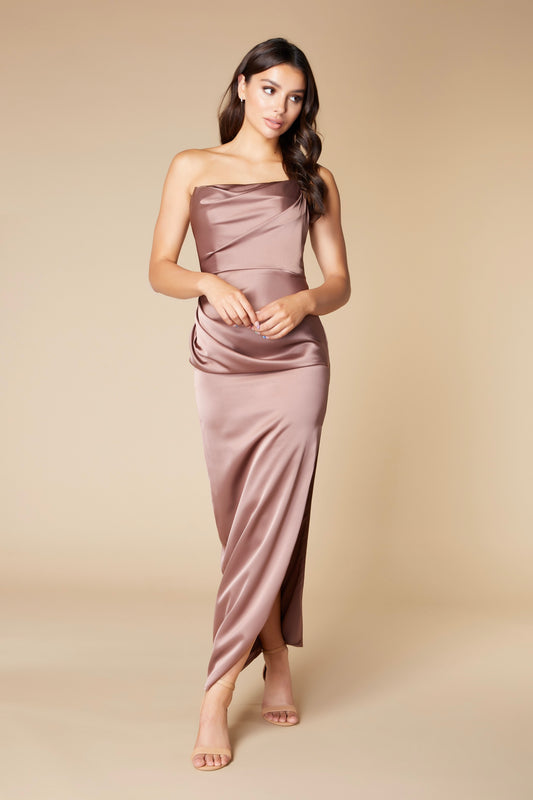 Jarlo strapless brown satin ankle length dress