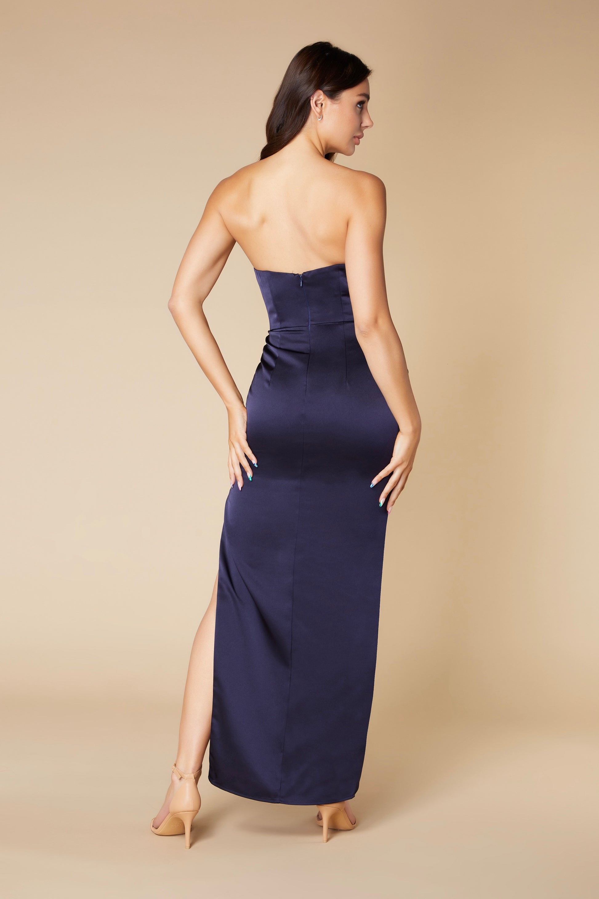 Jarlo strapless navy satin ankle length dress