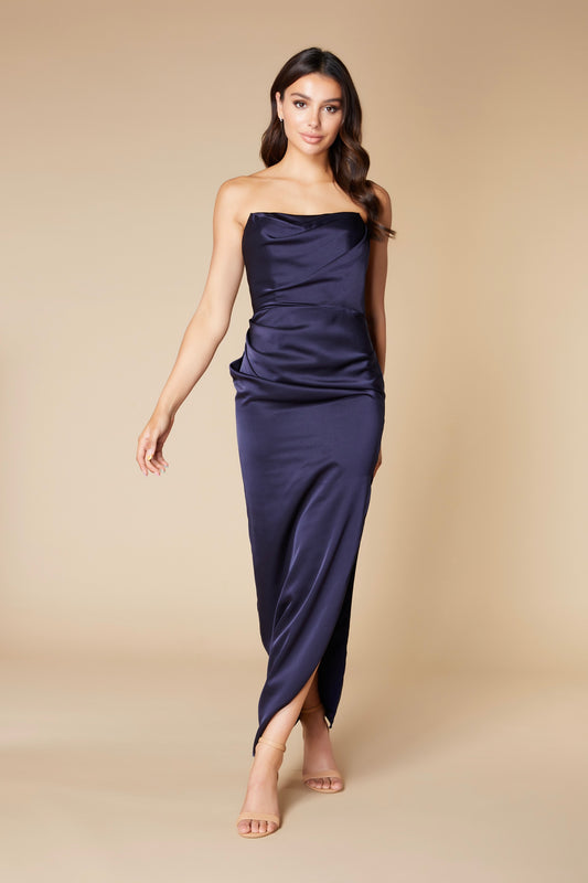 Jarlo strapless navy satin ankle length dress