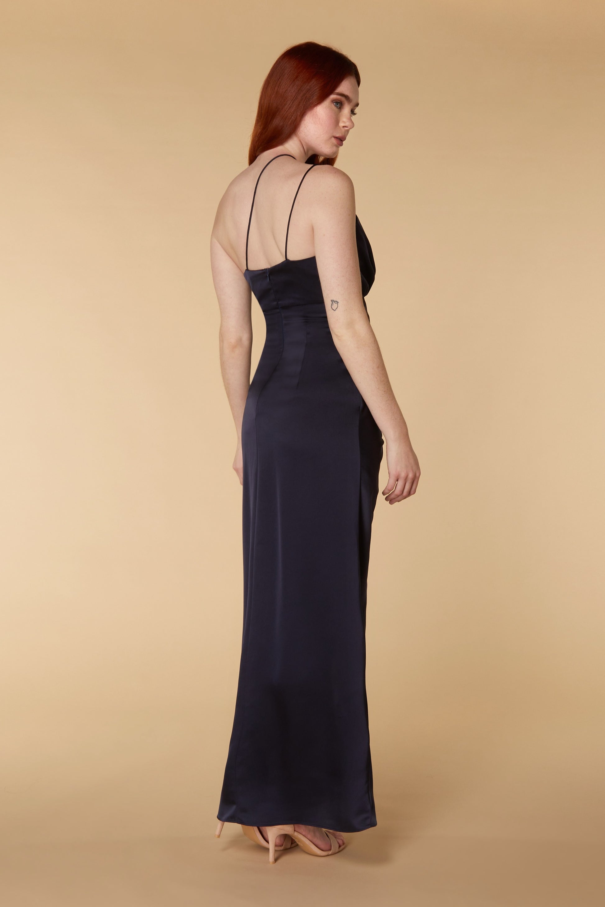 Jarlo Paula one shoulder navy satin maxi with thigh split