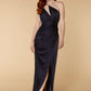 Jarlo Paula one shoulder navy satin maxi with thigh split