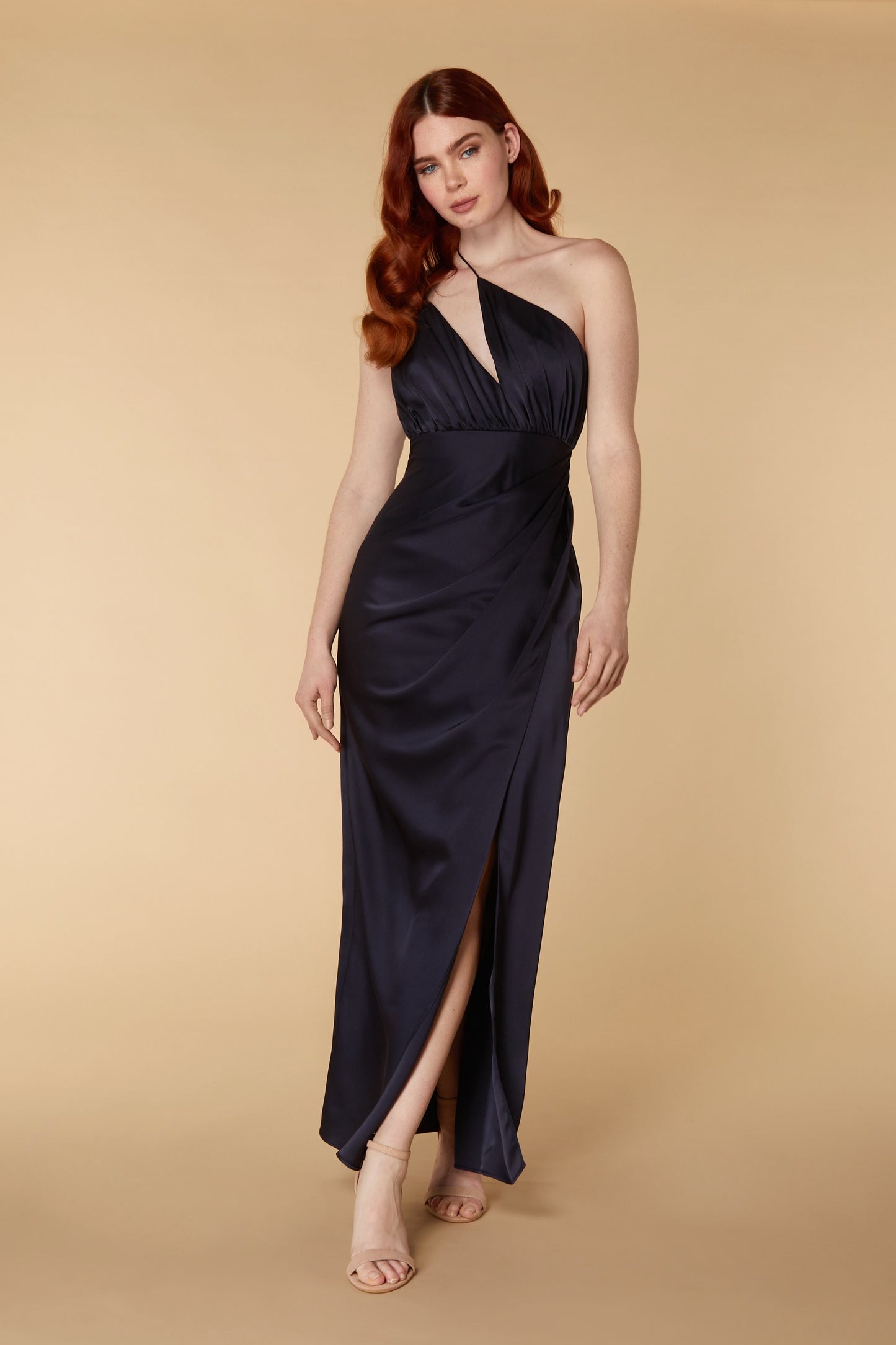 Jarlo Paula one shoulder navy satin maxi with thigh split