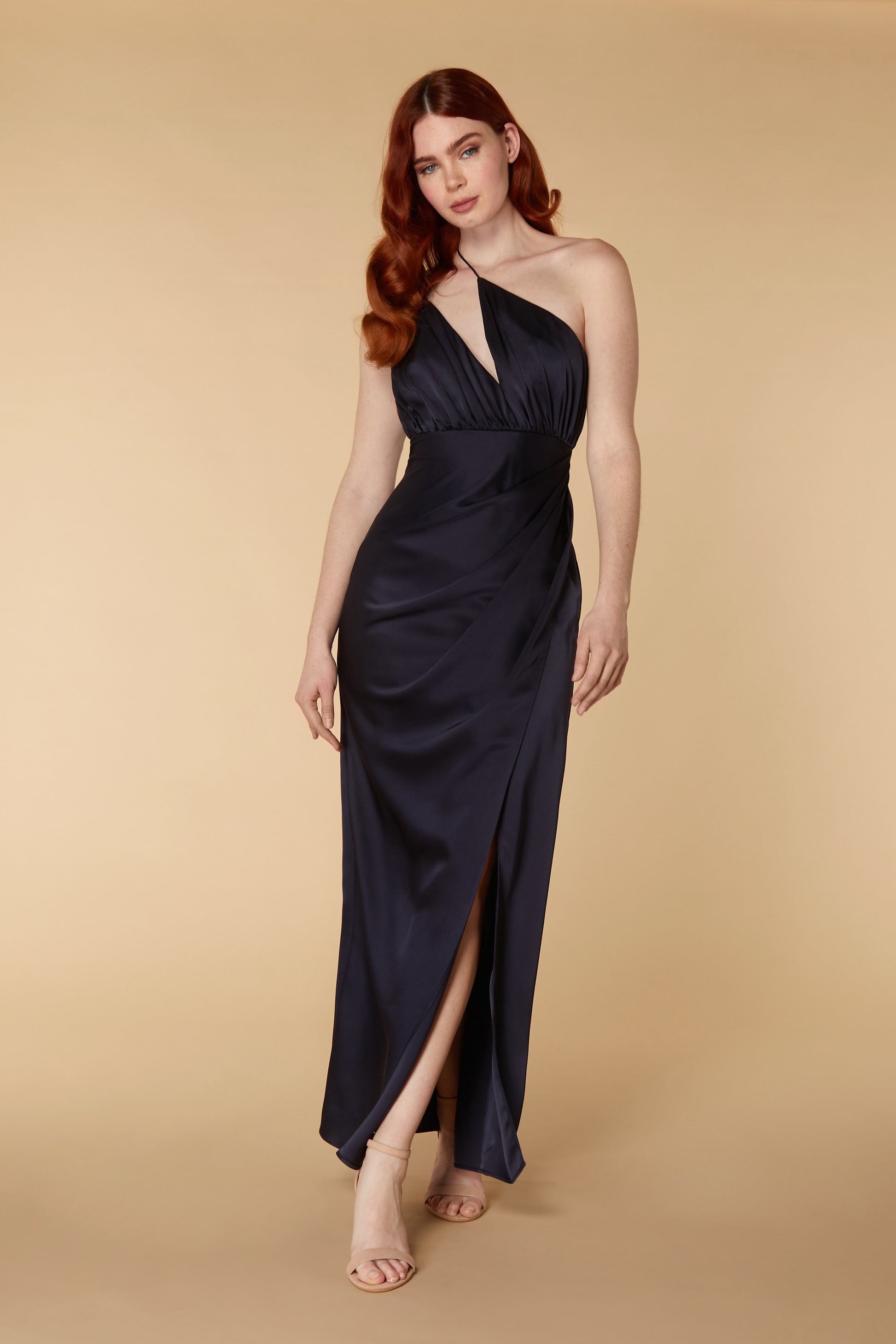 Jarlo Paula one shoulder navy satin maxi with thigh split