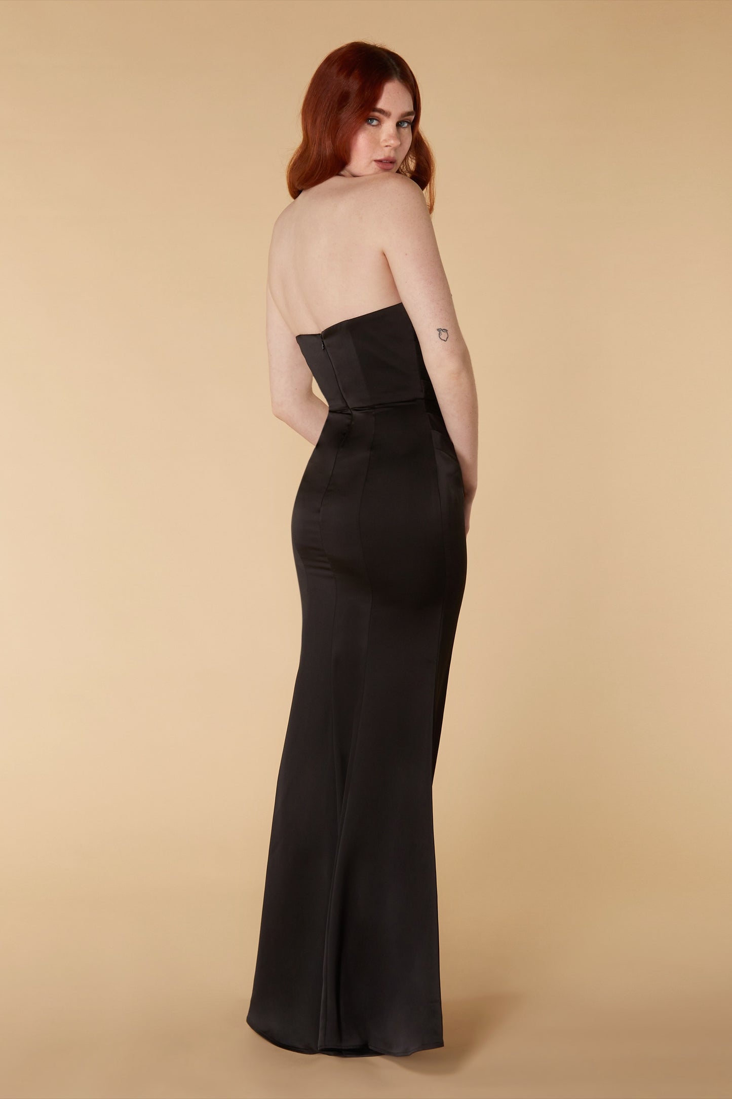 Jarlo Lisa strapless black satin maxi with train