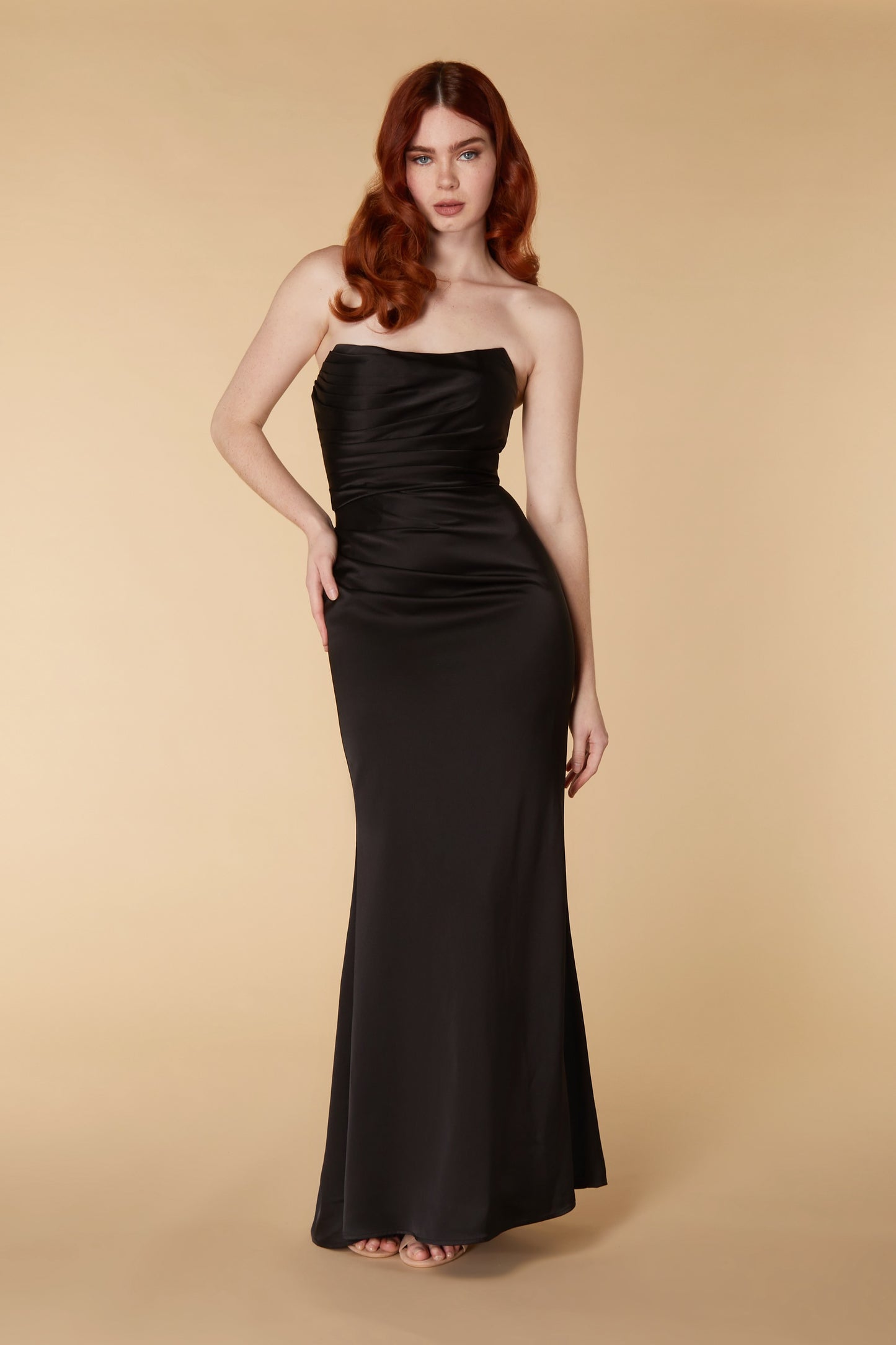 Jarlo Lisa strapless black satin maxi with train