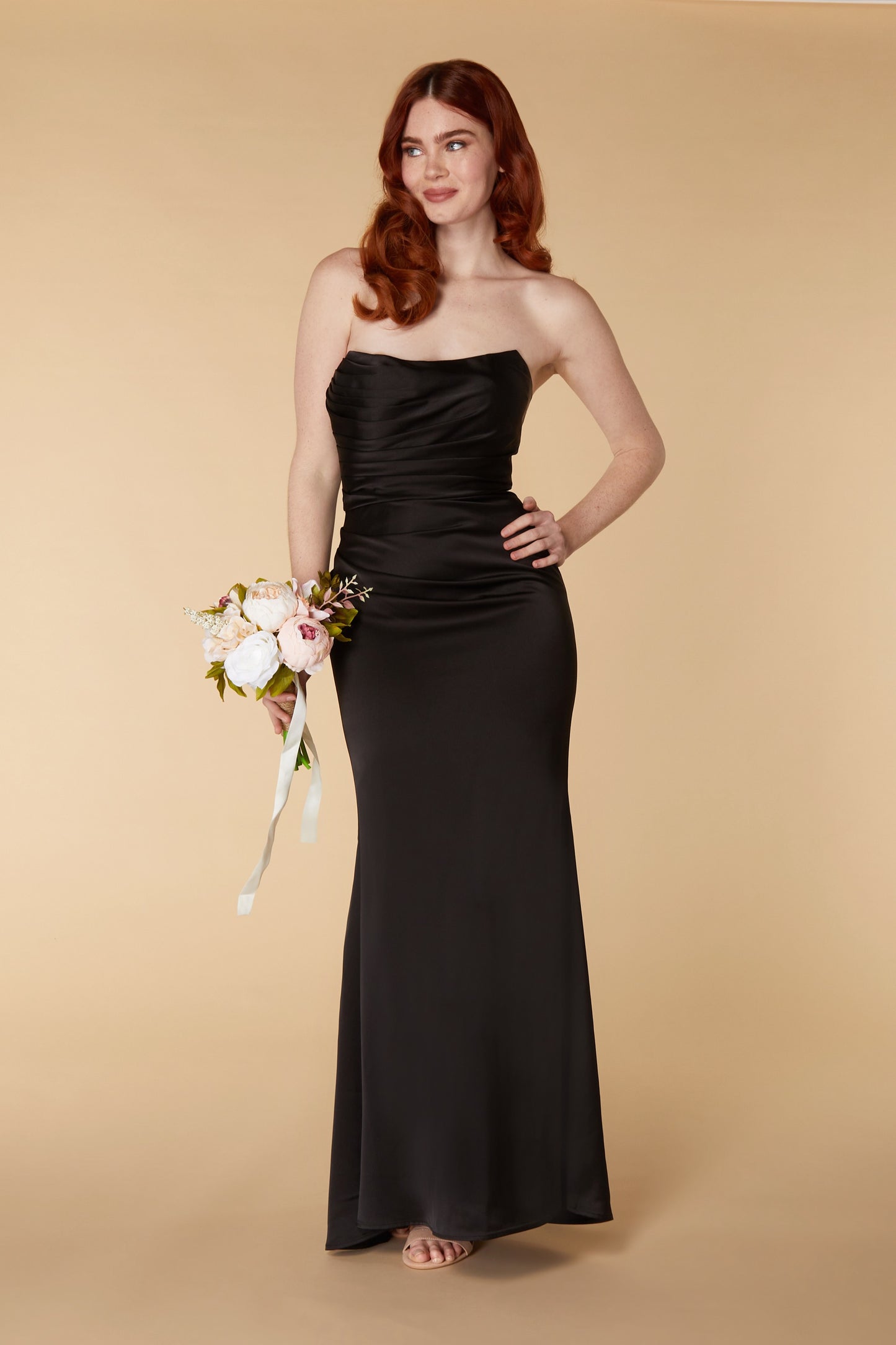 Jarlo Lisa strapless black satin maxi with train