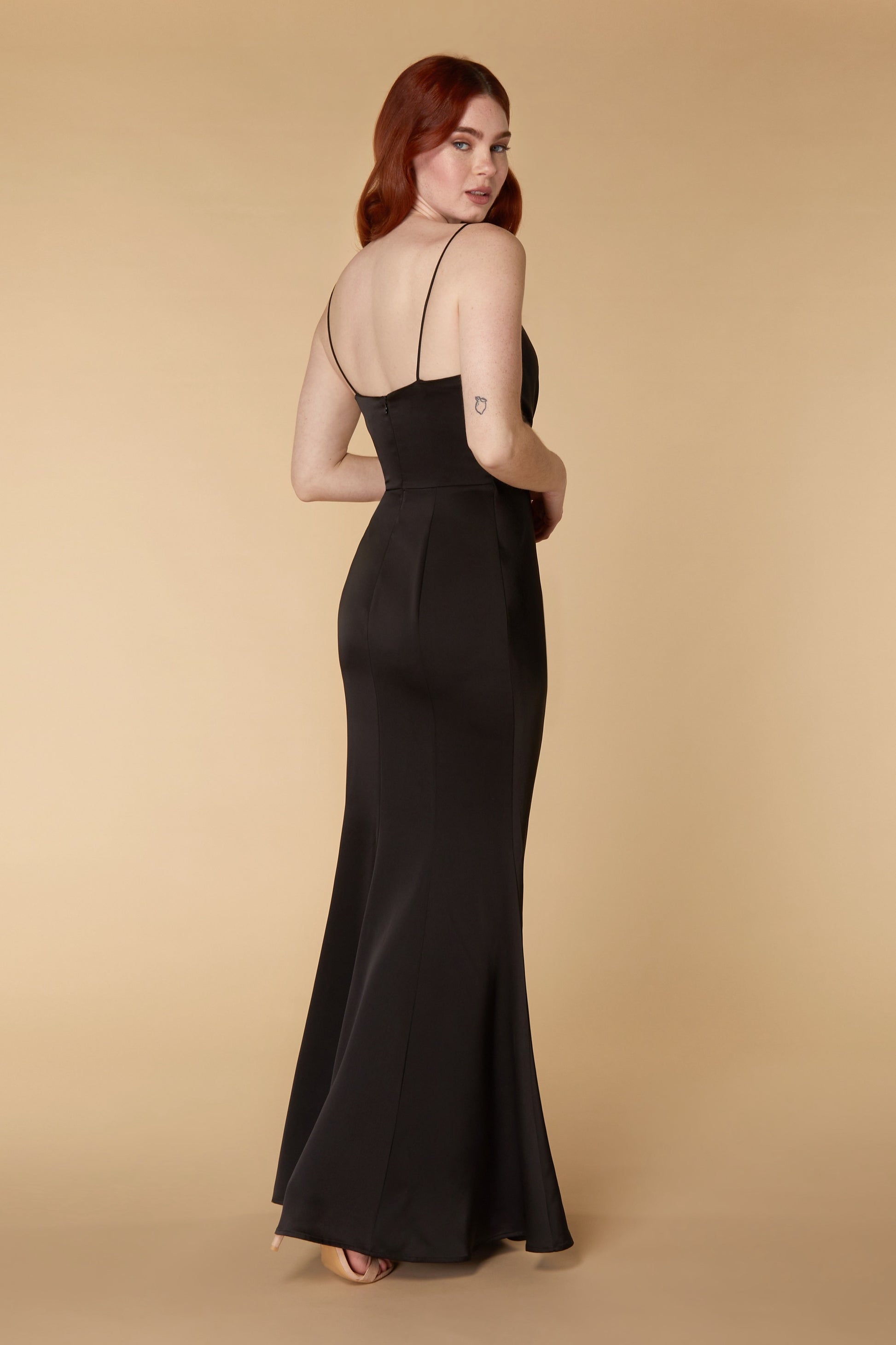 Jarlo black satin v neck maxi dress with ruched bodice detail