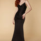 Jarlo black satin v neck maxi dress with ruched bodice detail