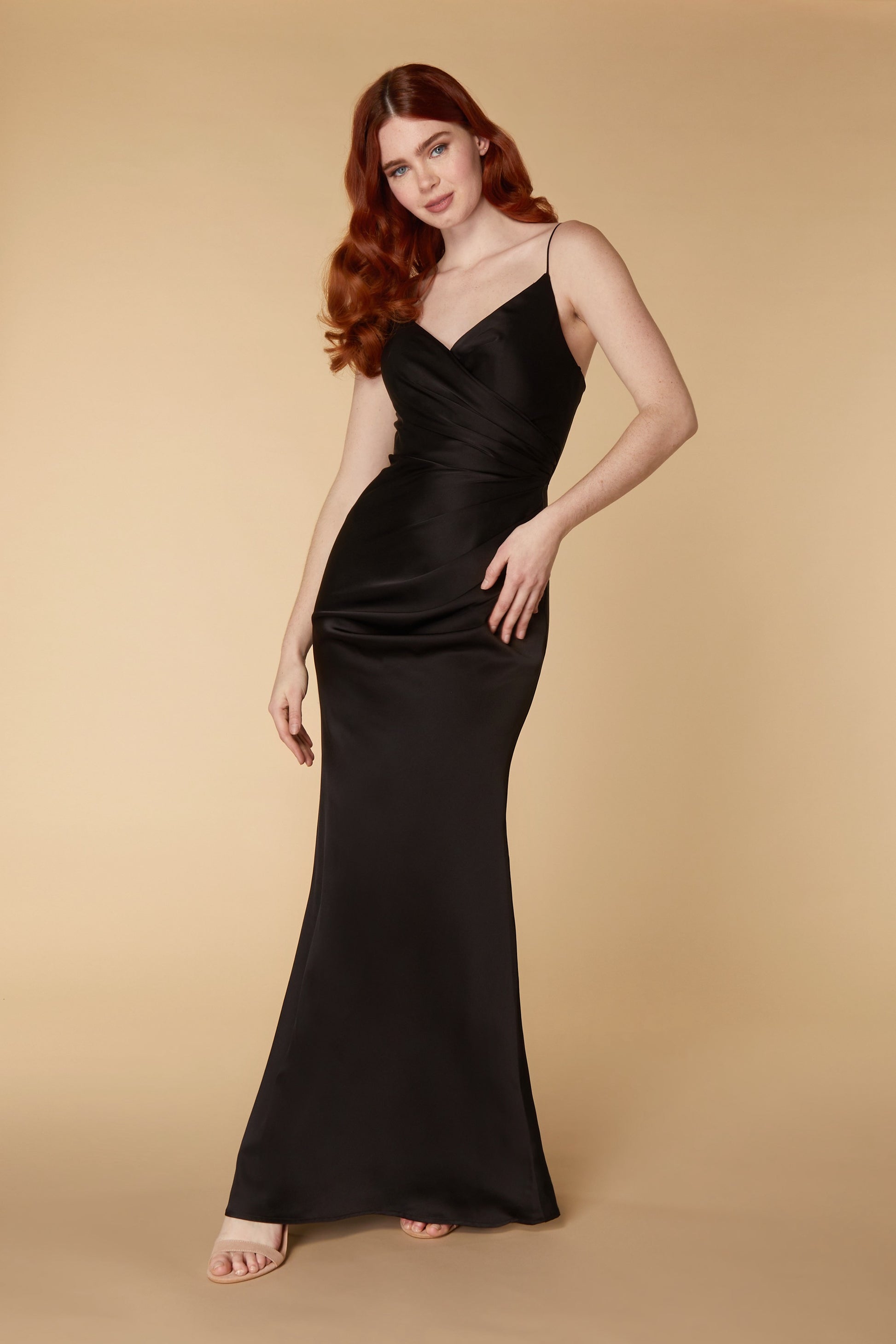 Jarlo black satin v neck maxi dress with ruched bodice detail