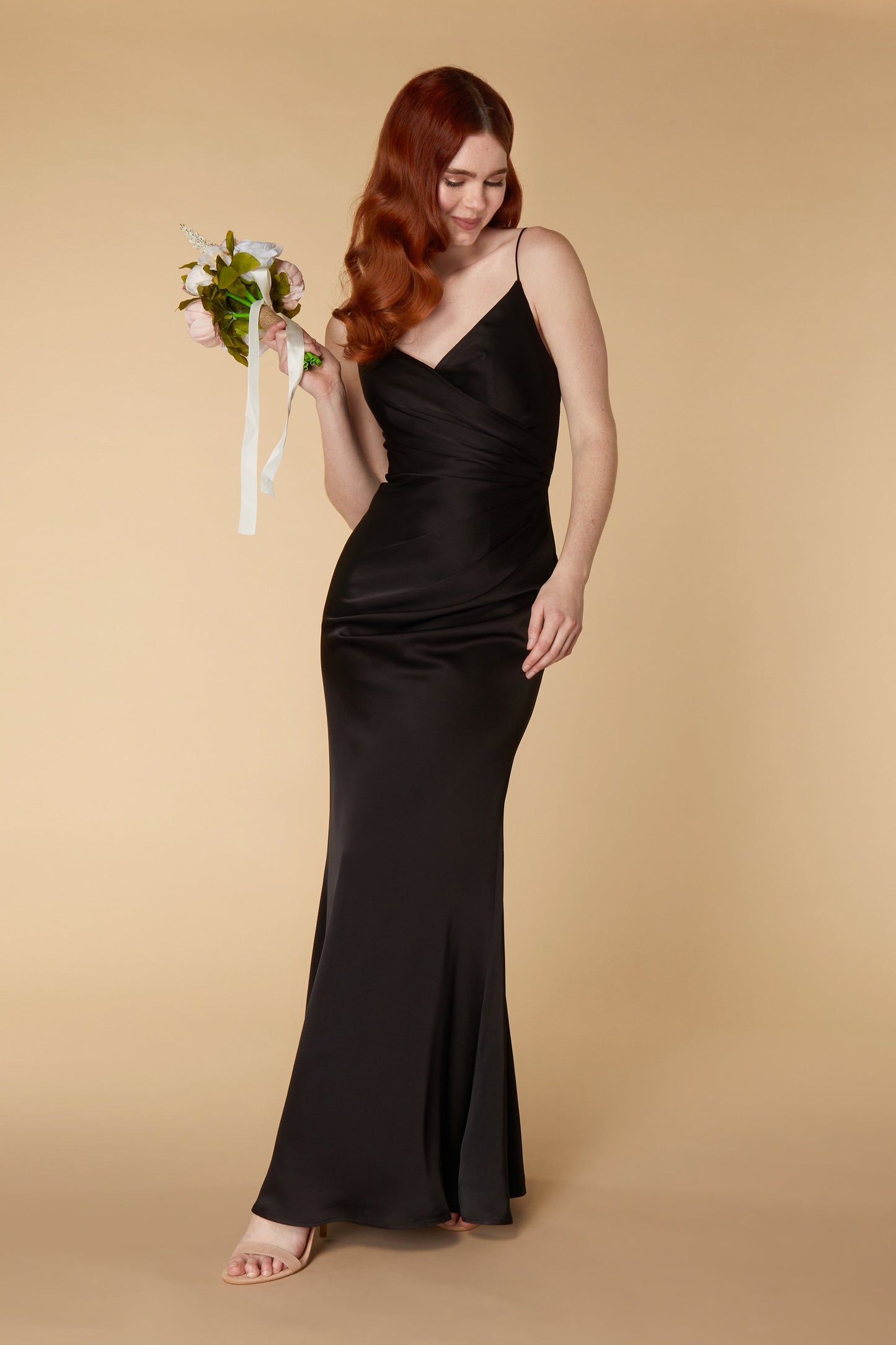 Jarlo black satin v neck maxi dress with ruched bodice detail