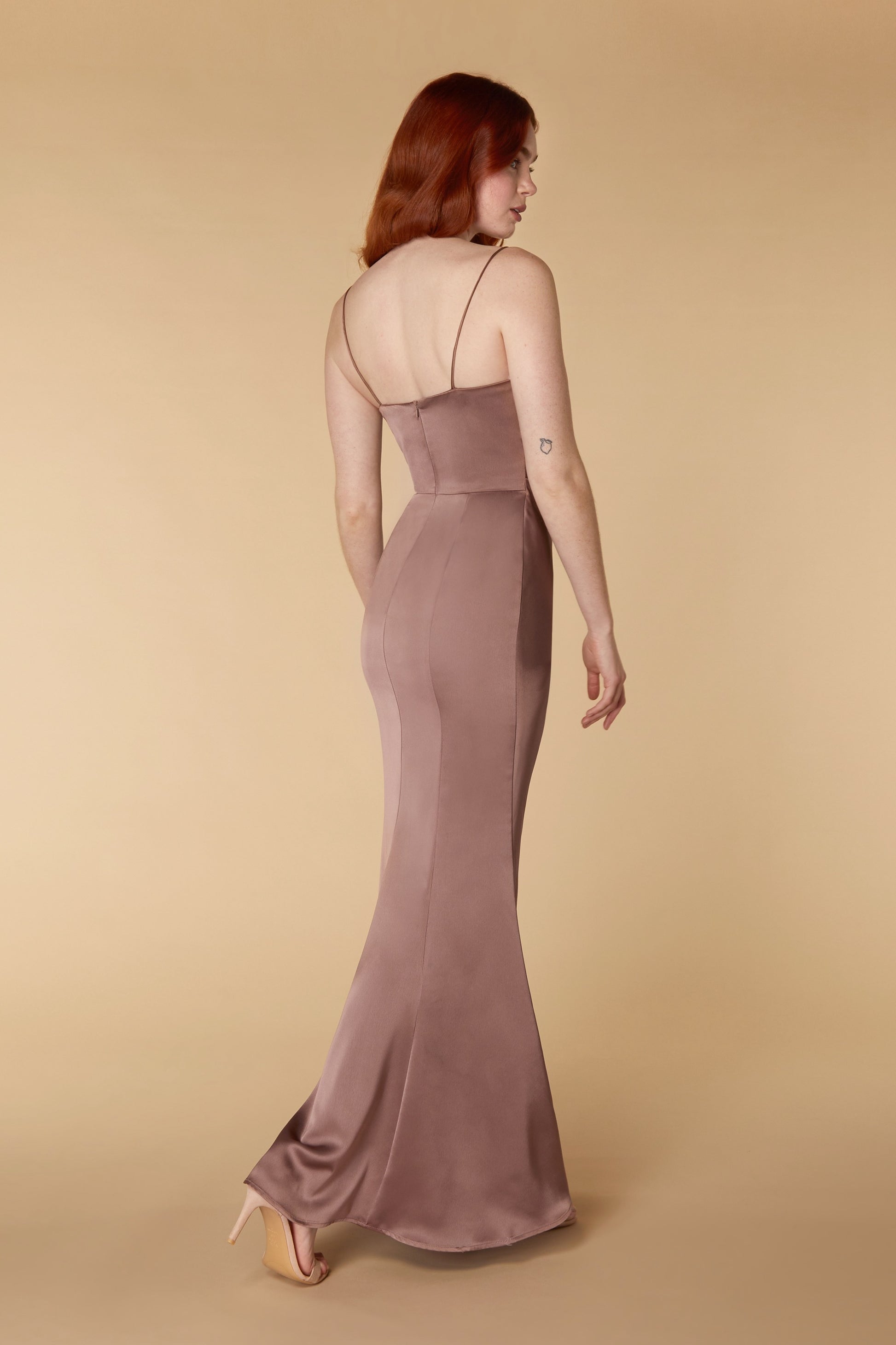 Jarlo brown satin v neck maxi dress with ruched bodice detail