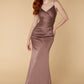 Jarlo brown satin v neck maxi dress with ruched bodice detail