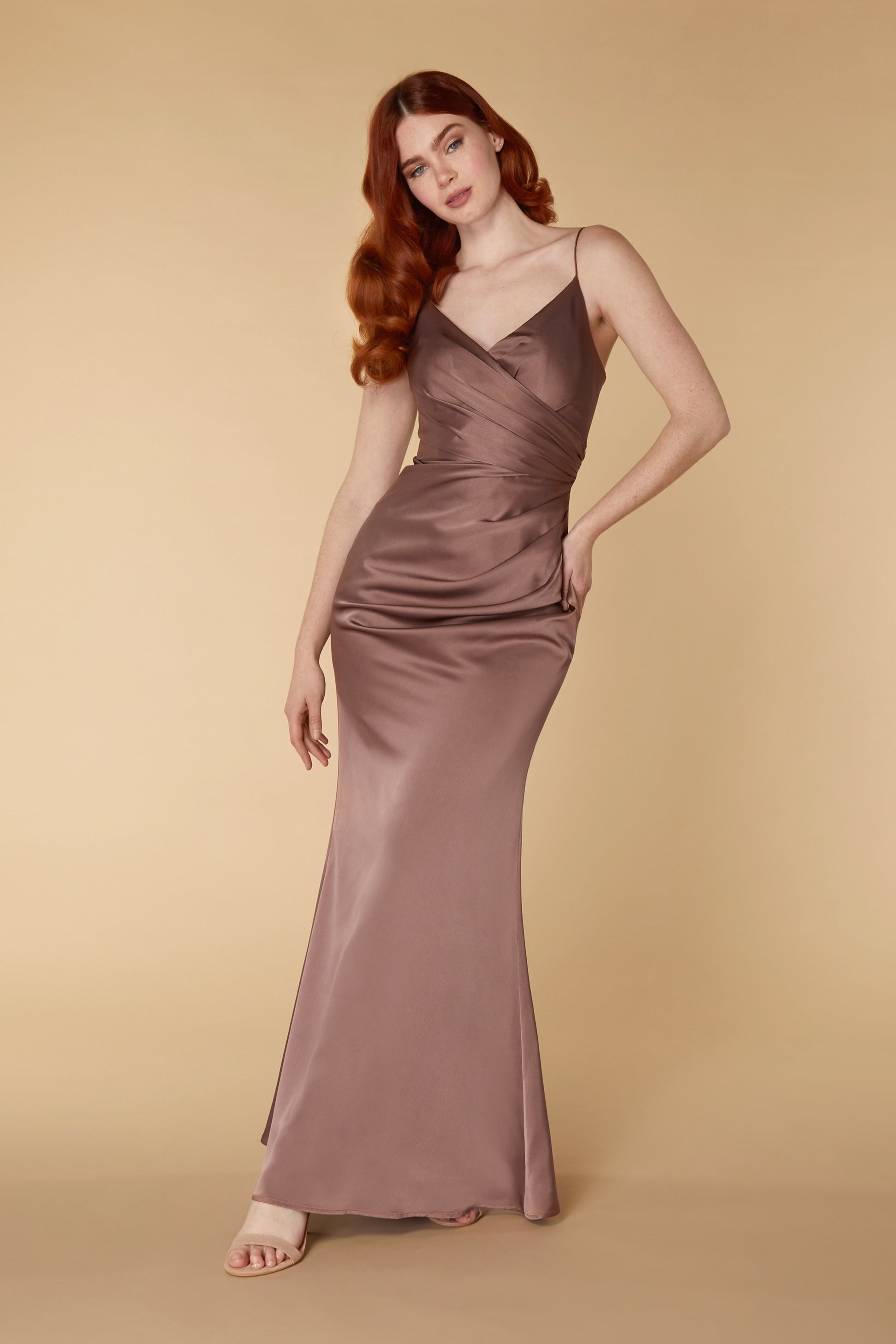 Jarlo brown satin v neck maxi dress with ruched bodice detail