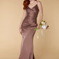 Jarlo brown satin v neck maxi dress with ruched bodice detail