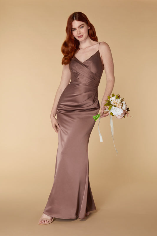 Jarlo brown satin v neck maxi dress with ruched bodice detail