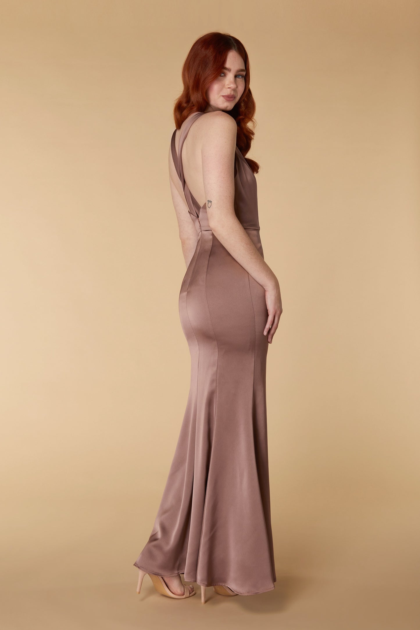 Centaine V Neck Satin Maxi Dress with Cross Back Detail