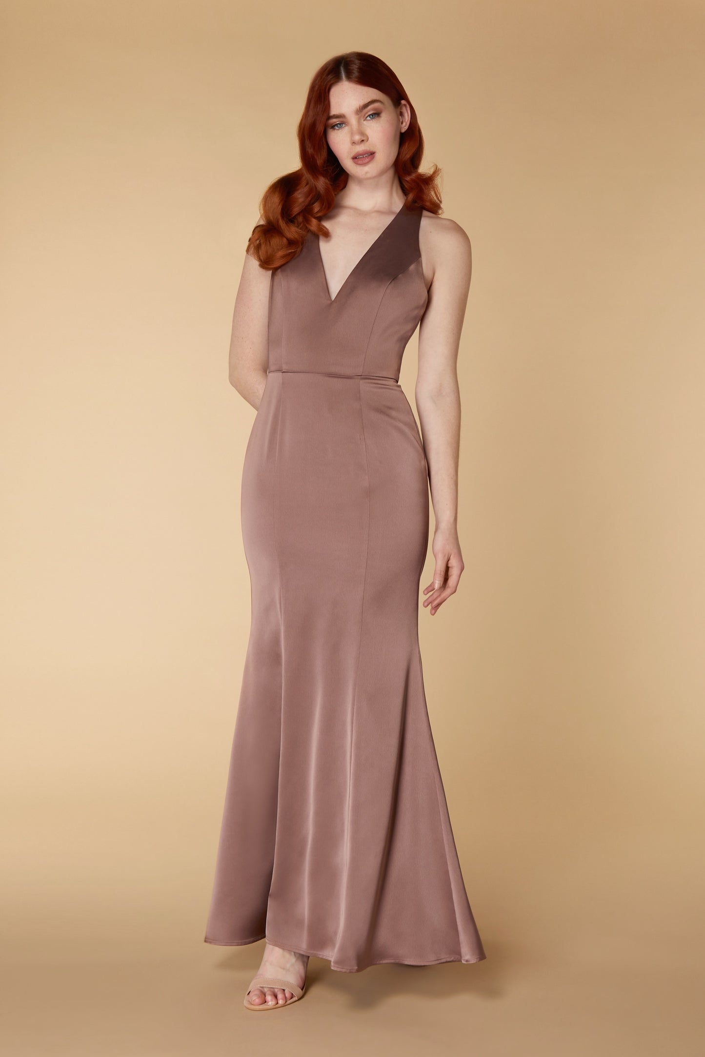 Centaine V Neck Satin Maxi Dress with Cross Back Detail