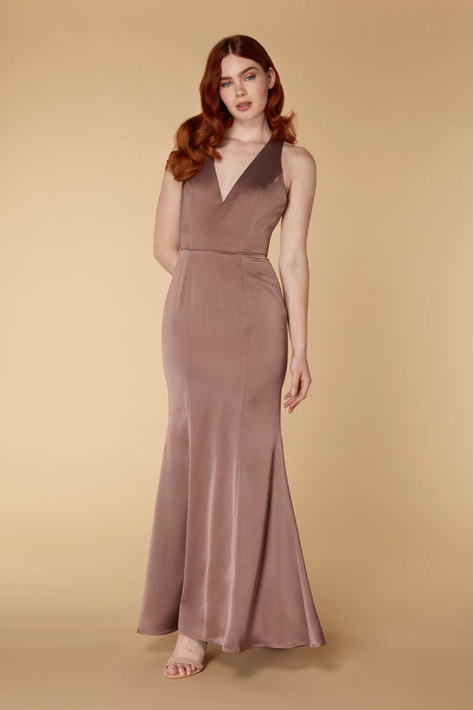 Centaine V Neck Satin Maxi Dress with Cross Back Detail