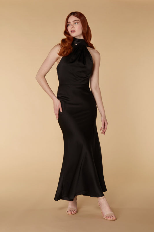 Jarlo Rose black satin high neck maxi dress with open back