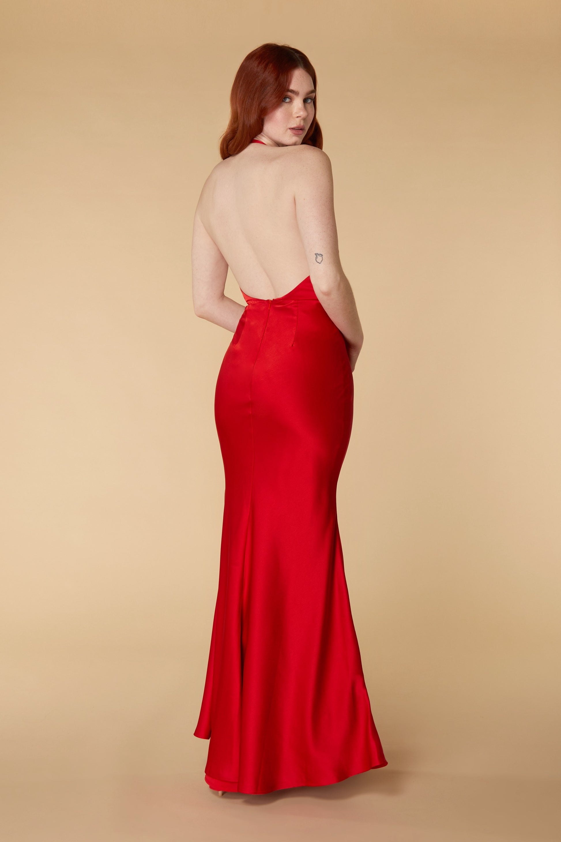 Jarlo red satin cowl neck maxi dress with open back