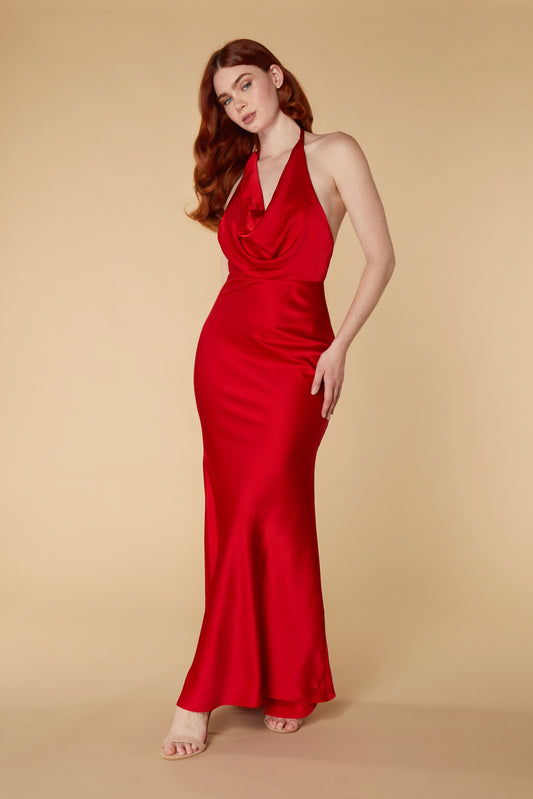 Edda Cowl Neck Satin Maxi Dress with Open Back
