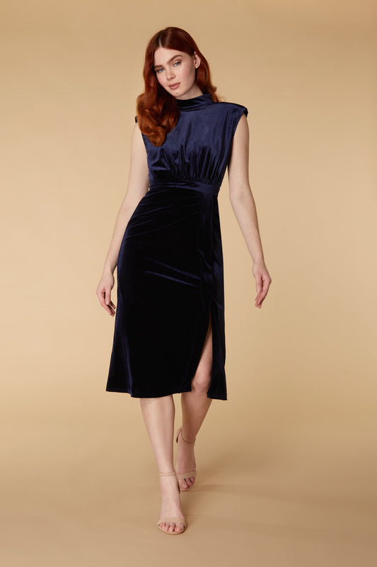 Jarlo Paulita navy velvet midi dress with open back detail