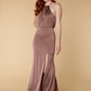 Jarlo brown satin fishtail maxi dress with keyhole draped back