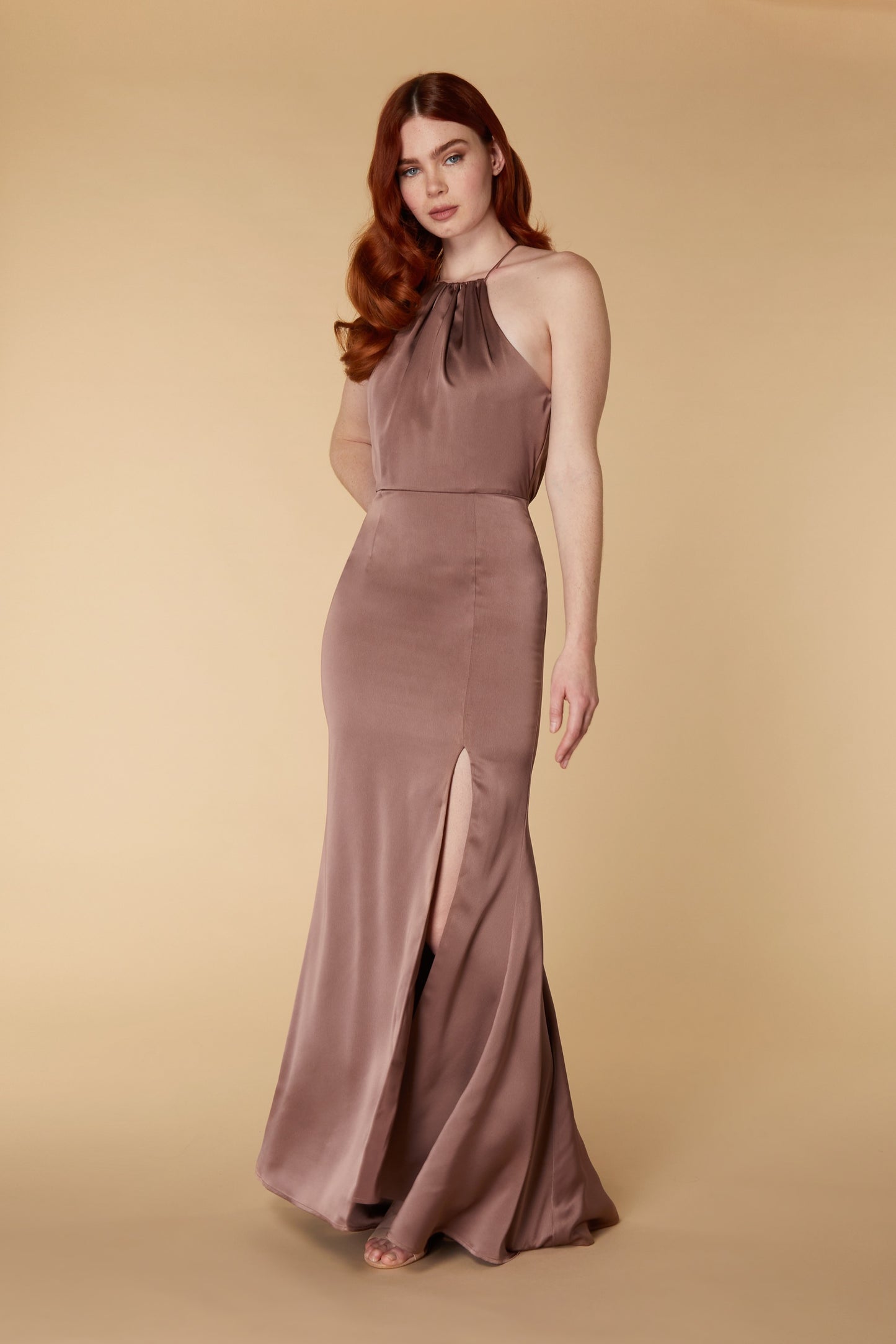 Jarlo brown satin fishtail maxi dress with keyhole draped back