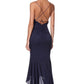 Jarlo navy satin midi dress with high low hem and tie back detail