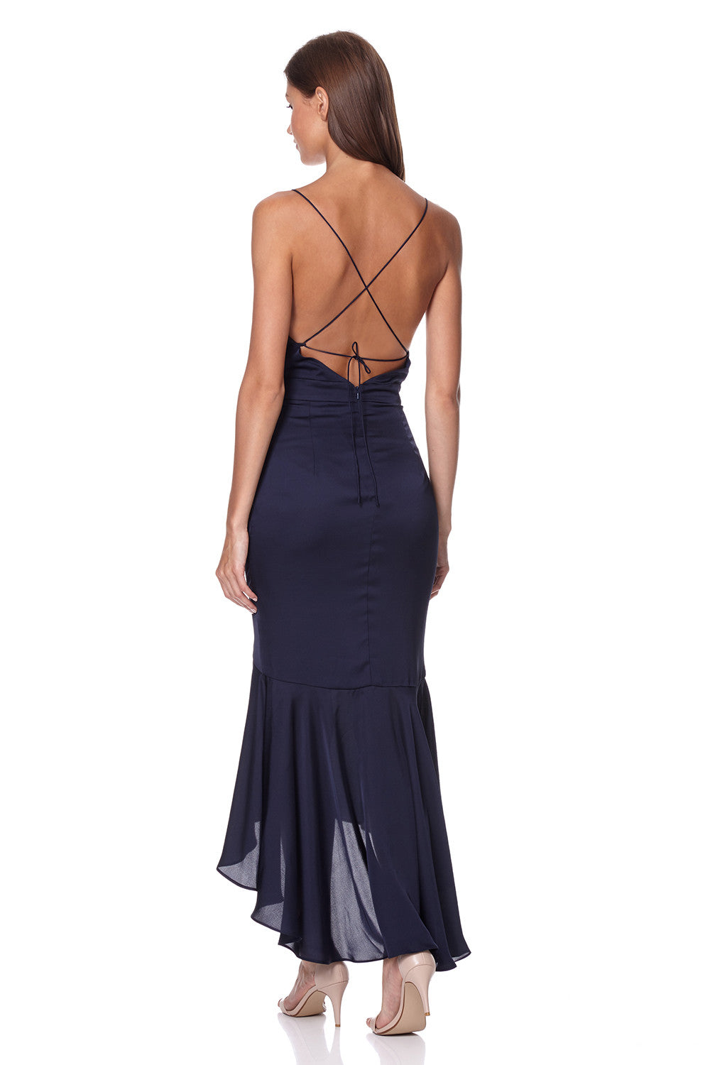 Jarlo navy satin midi dress with high low hem and tie back detail