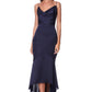 Jarlo navy satin midi dress with high low hem and tie back detail