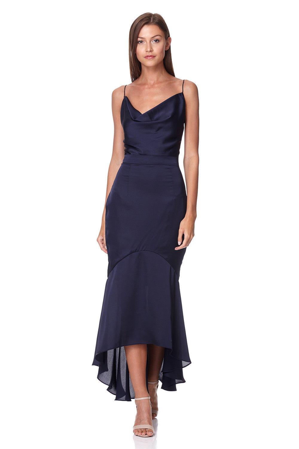 Jarlo navy satin midi dress with high low hem and tie back detail