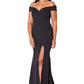 Jarlo black bardot fishtail maxi dress with thigh split and train