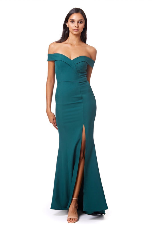  Jarlo green bardot fishtail maxi dress with thigh split and train