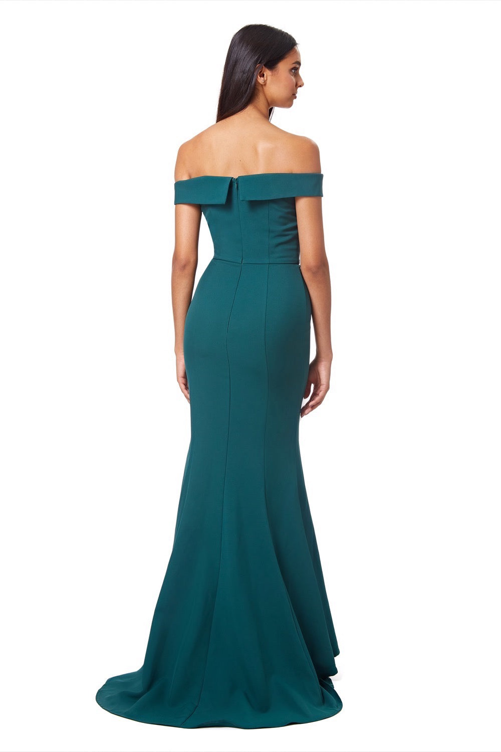  Jarlo green bardot fishtail maxi dress with thigh split and train